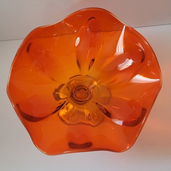 Vintage Mid-Century Viking Glass Modern Orange Art Glass Pedestal Bowl With Wavy - Picture 3 of 7